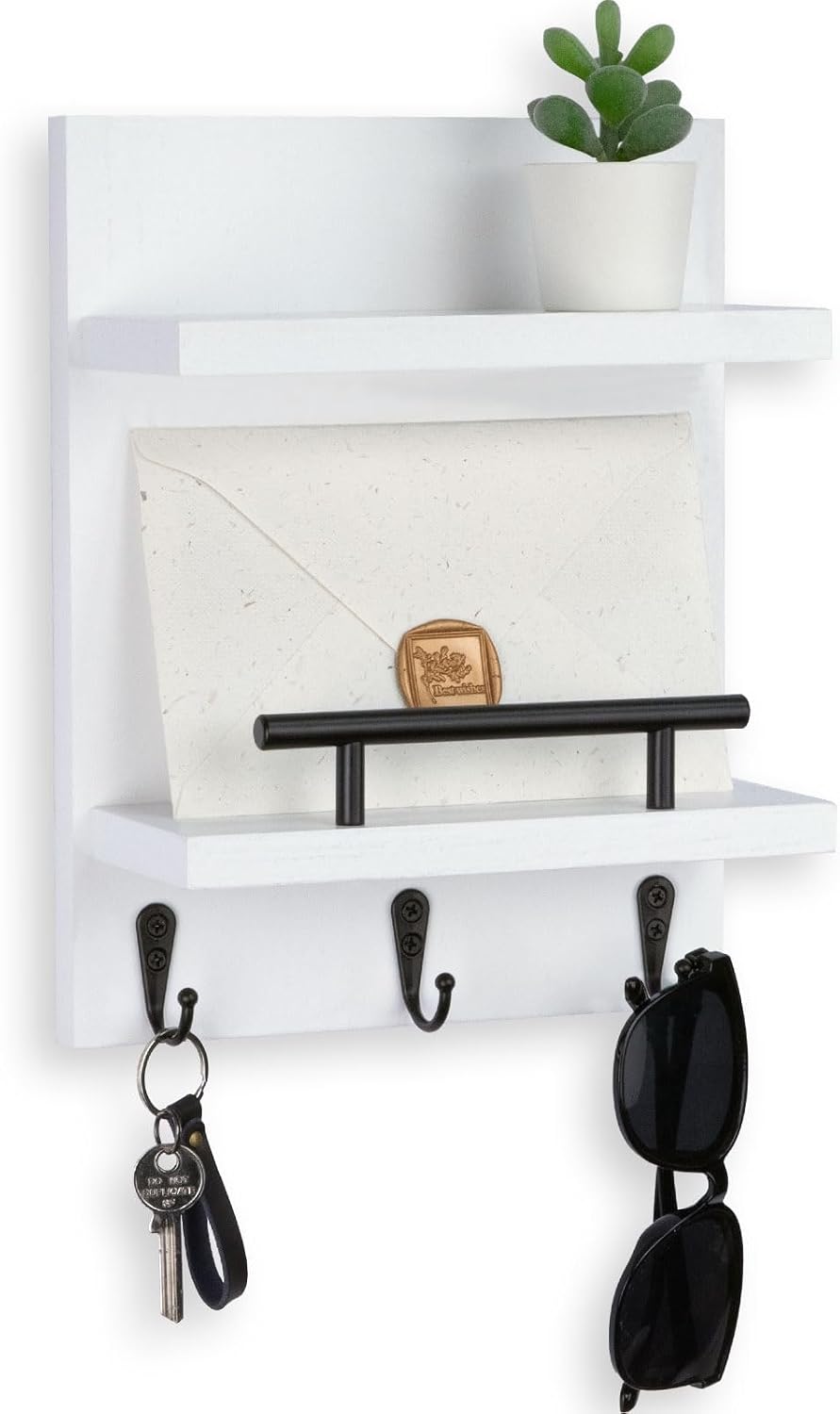 Quillstone Key Holder Wall Mount, Mail Shelf Decor with 3 Key Hooks, 14.4 ounces, White