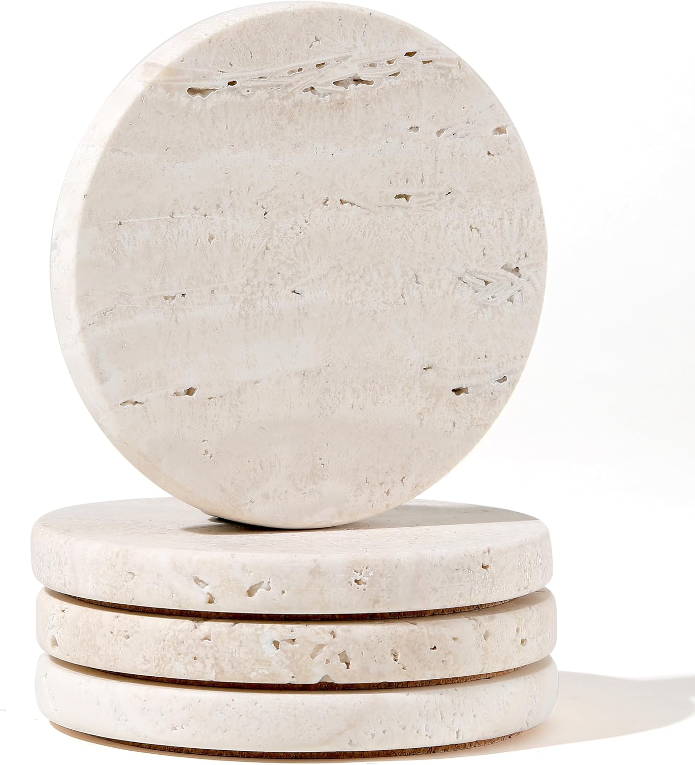 Aldernest White Travertine Coasters - Set of 4 Round 4” Diameter Drink Marble Coasters for Housewarming Gift, Anniversary