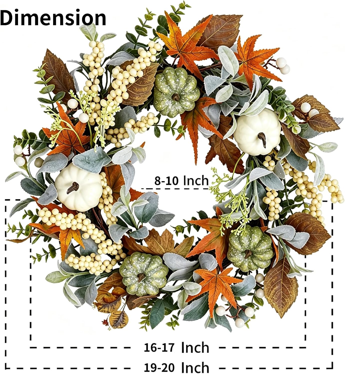 VelloHome Fall Wreath for Front Door 20 Inch Autumn Wreath, 1.1 pounds, Green White