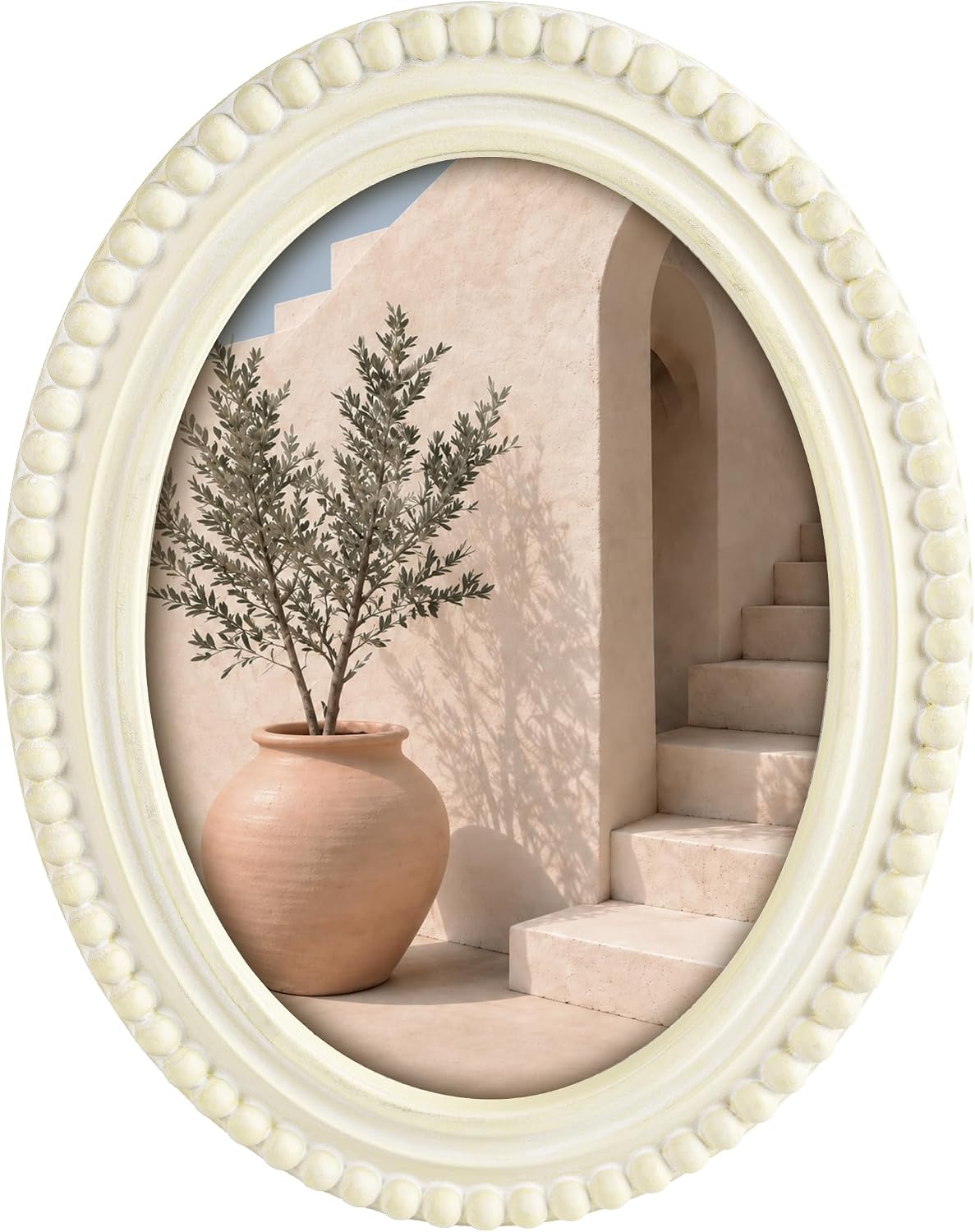Aldernest Vintage Oval Picture Frame 5x7 with Beaded Border, Distressed White, 0.43 kg