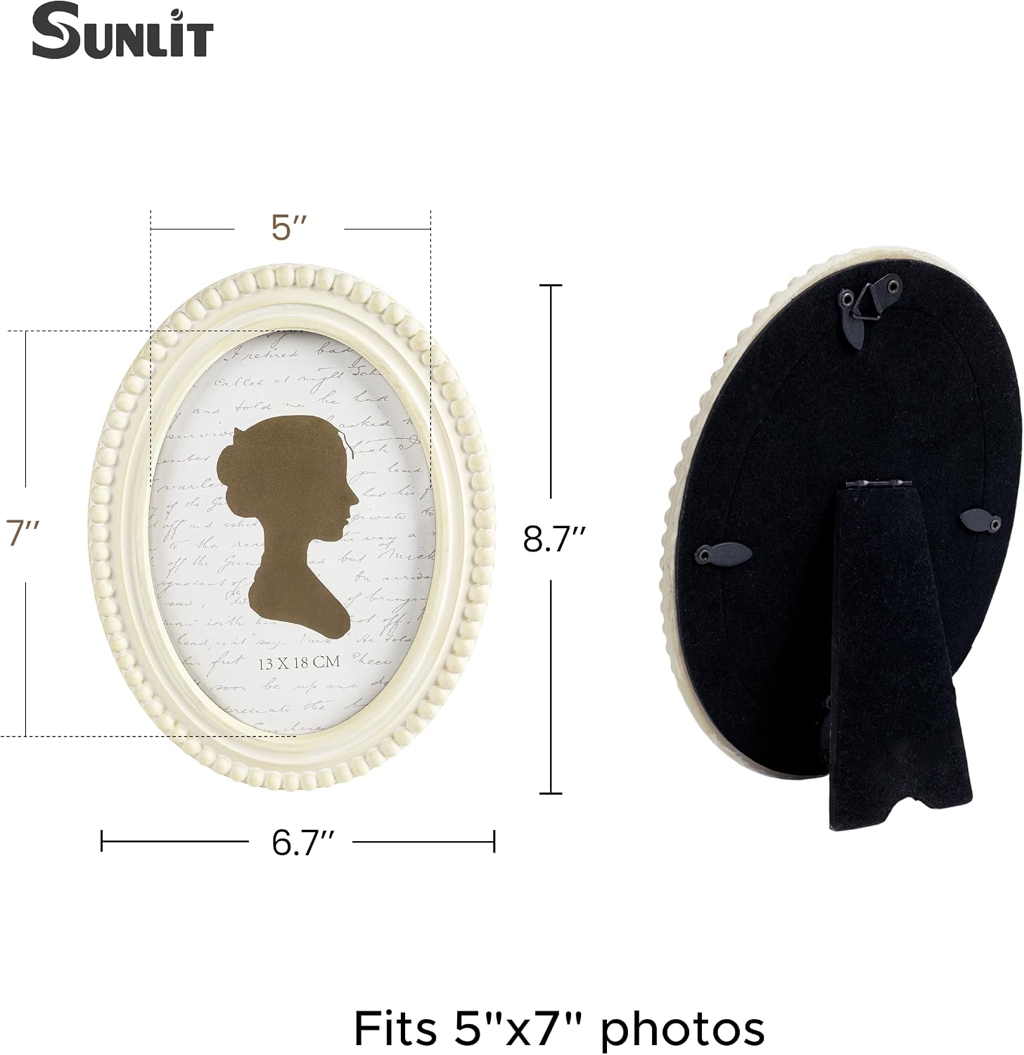 Aldernest Vintage Oval Picture Frame 5x7 with Beaded Border, Distressed White, 0.43 kg