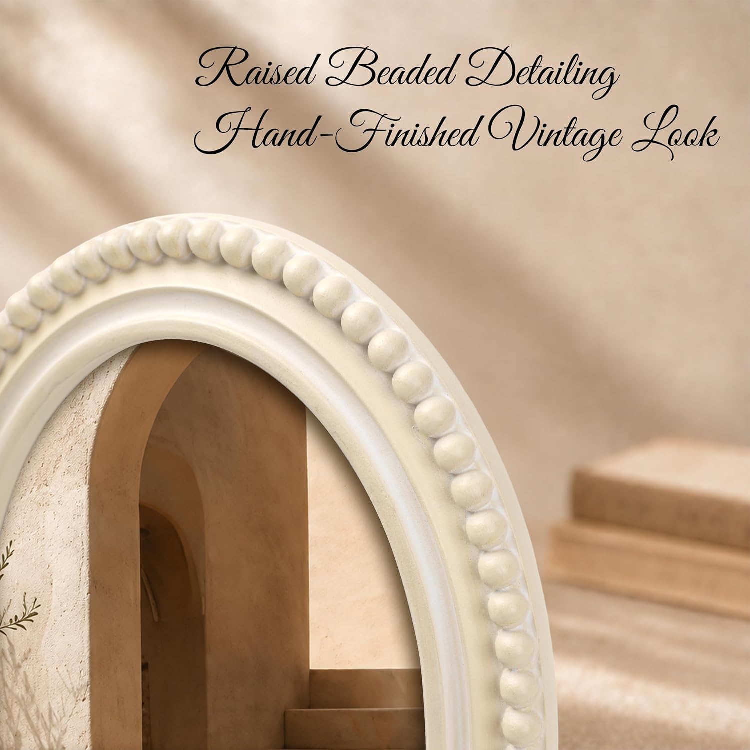 Aldernest Vintage Oval Picture Frame 5x7 with Beaded Border, Distressed White, 0.43 kg