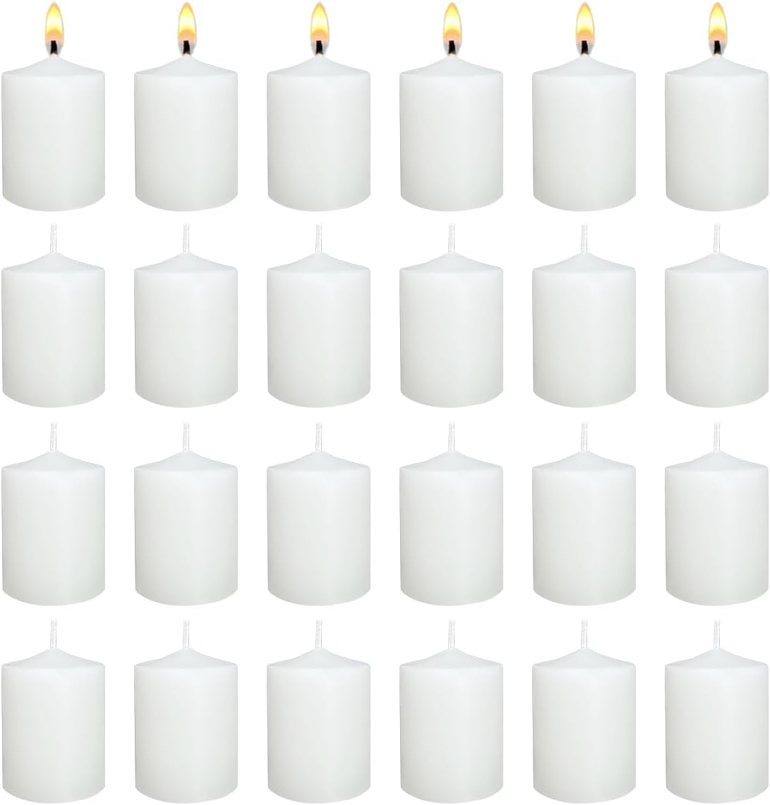 Aldernest White Votive Candles Long Burn Time Unscented Candles Votives Bulk Pack of 24 Small Pillar Candles, 2.2 pounds