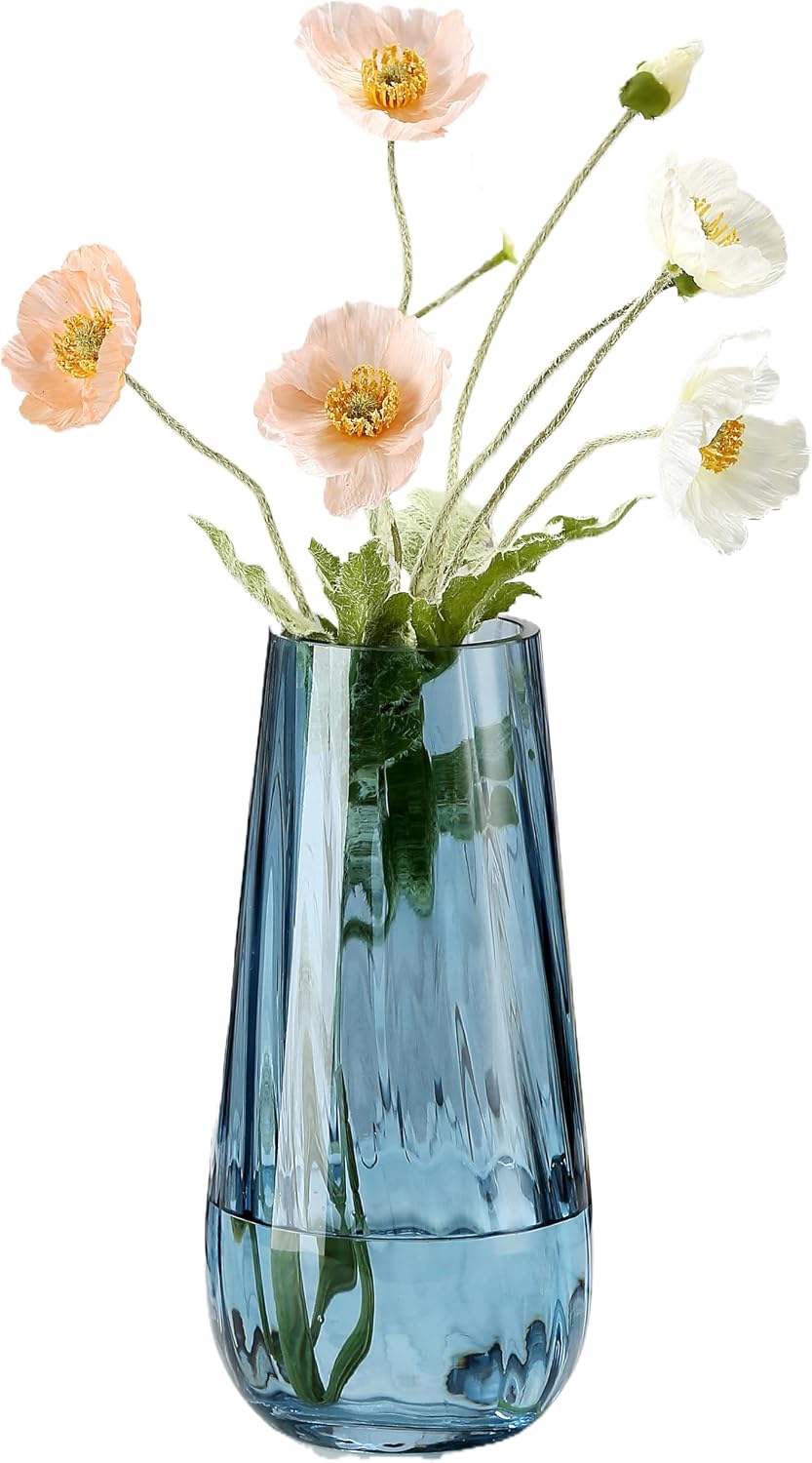 Aldernest Modern Large Glass Vase H-9.8" Blue Vases for Flowers