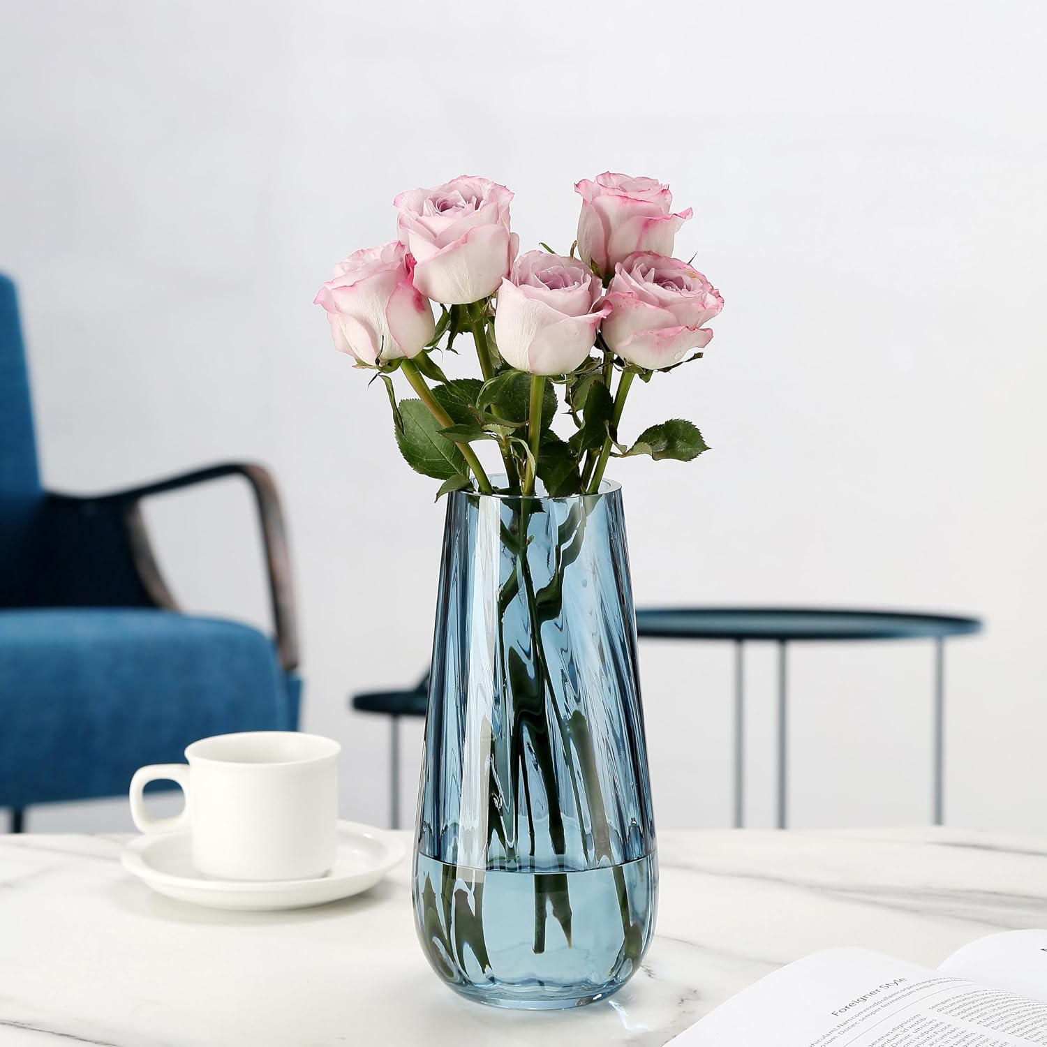 Aldernest Modern Large Glass Vase H-9.8" Blue Vases for Flowers