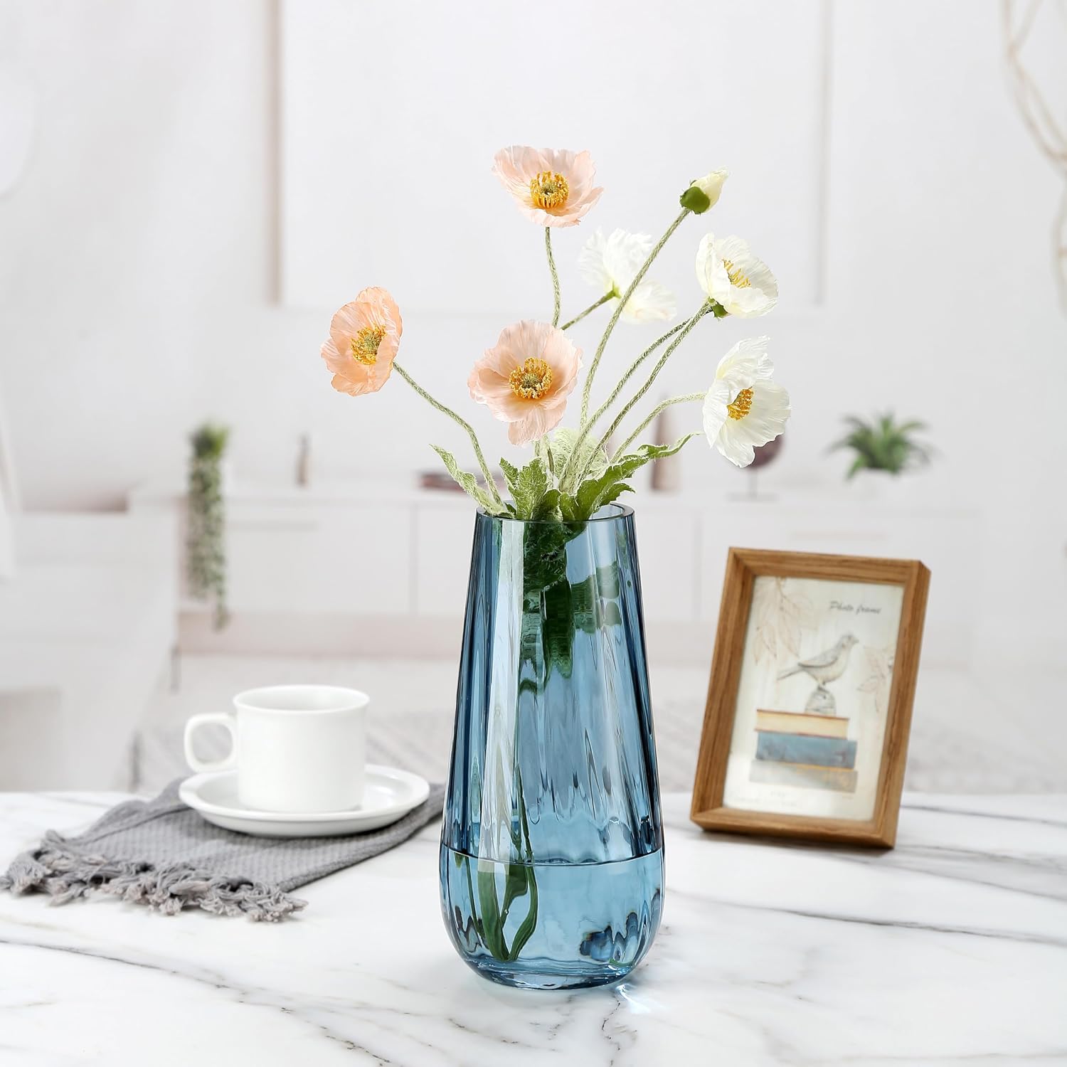 Aldernest Modern Large Glass Vase H-9.8" Blue Vases for Flowers