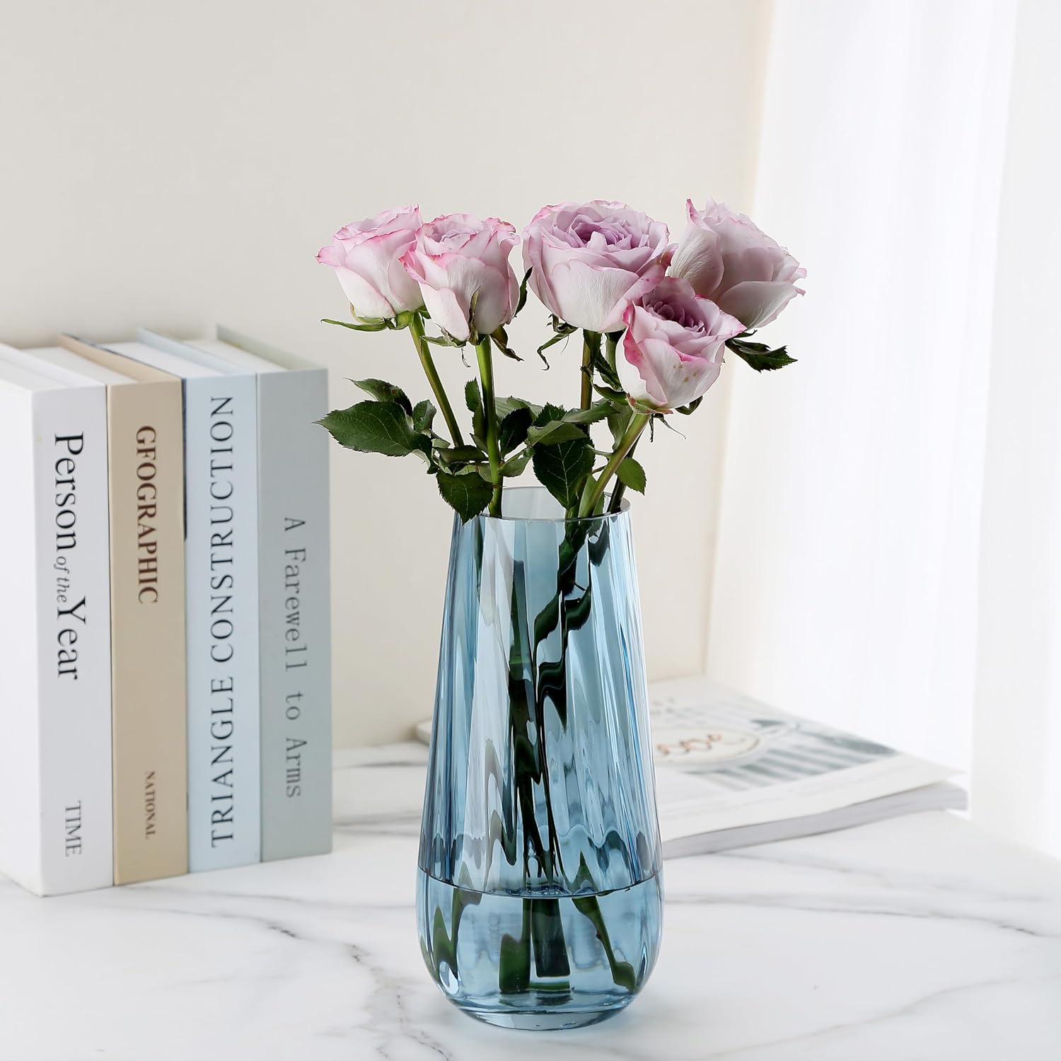 Aldernest Modern Large Glass Vase H-9.8" Blue Vases for Flowers