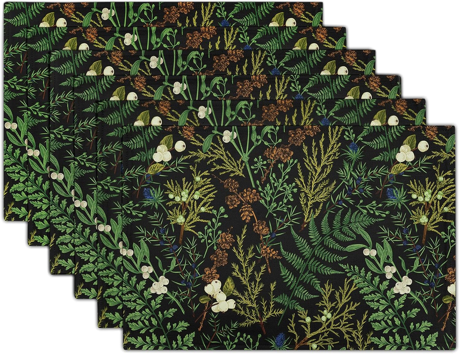 Barleyfield Spring Green Leaves Placemats Set of 6 Botanical Fern Leaf Floral Place Mats Washable Kitchen Dining Summer Black Linen Table Mats Stain