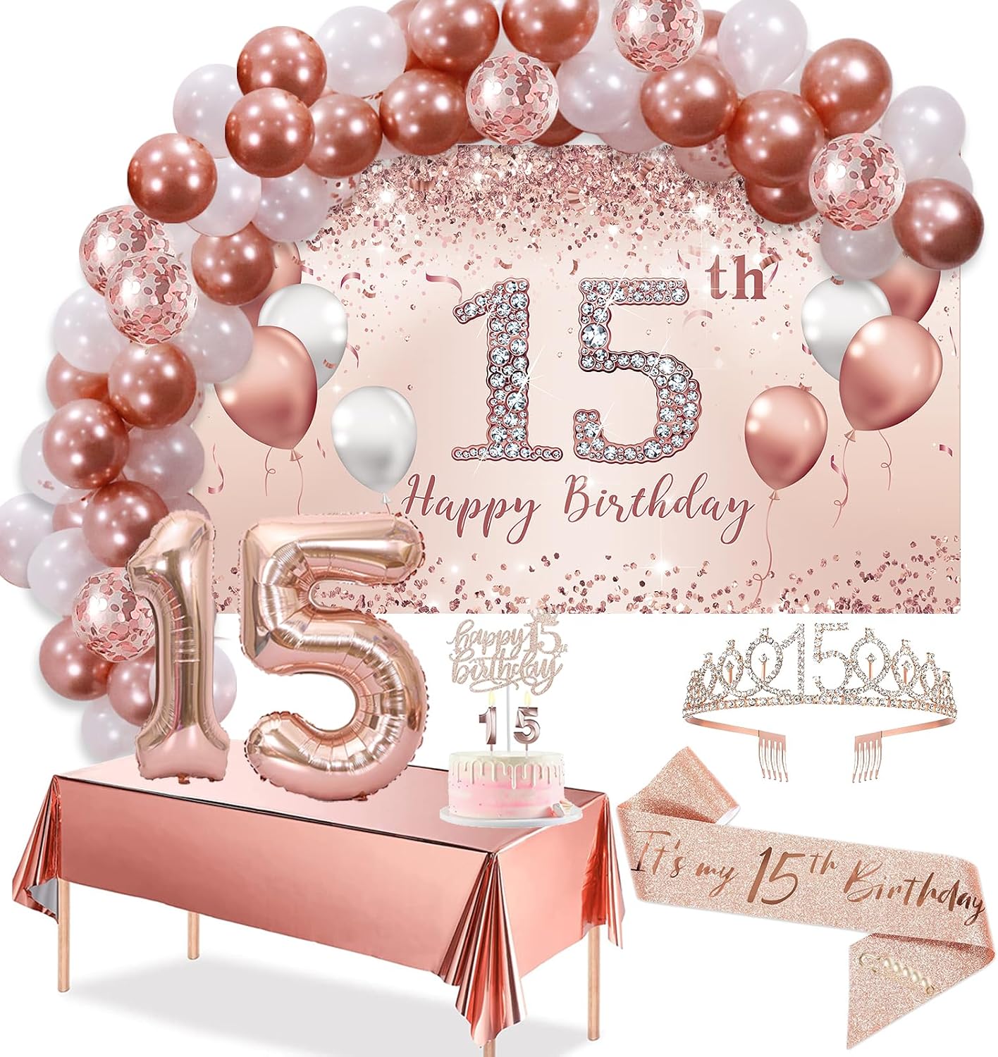 Aldernest Rose Gold Pink 15th Birthday Decorations Balloon Arch Set for Girls, 78