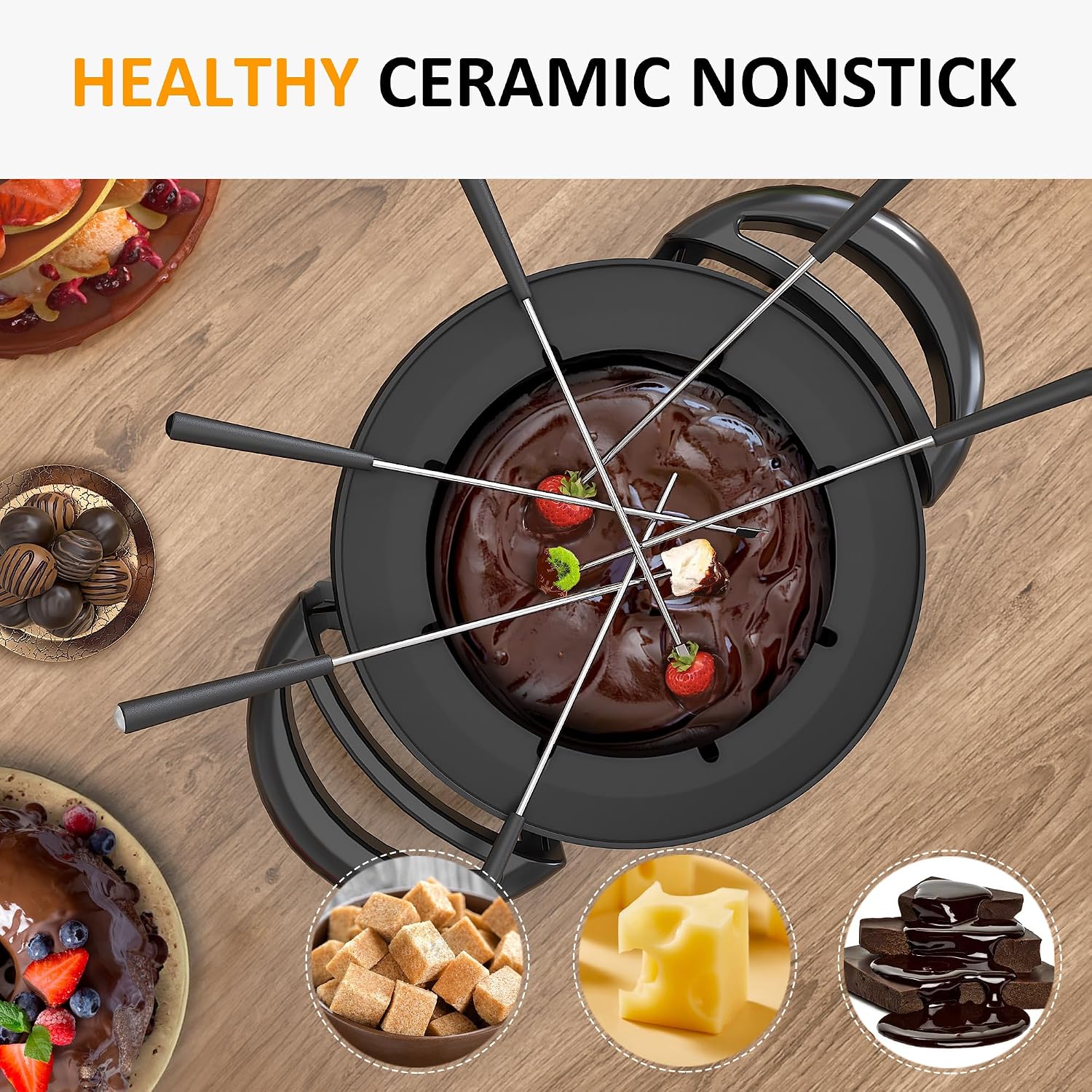 Ashenby 3 Quart Electric Fondue Pot Set for Melting Chocolate Cheese with Adjustable Temperature Control and 8 Color-Coded Forks