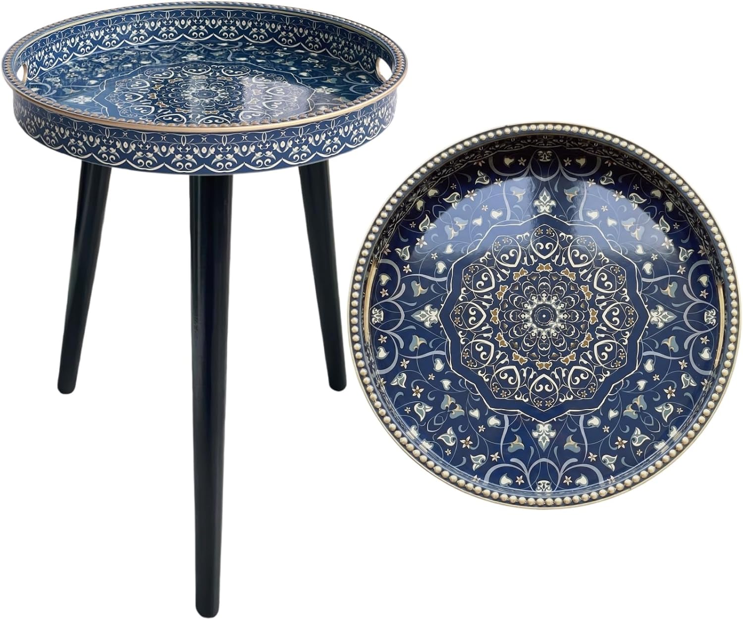Barleyfield Small Round Side Table with Boho Mandala Pattern Tray - 13" Vintage Navy Blue Tripod End Table with 3 Moisture-Resistant Wrapped Wood Legs