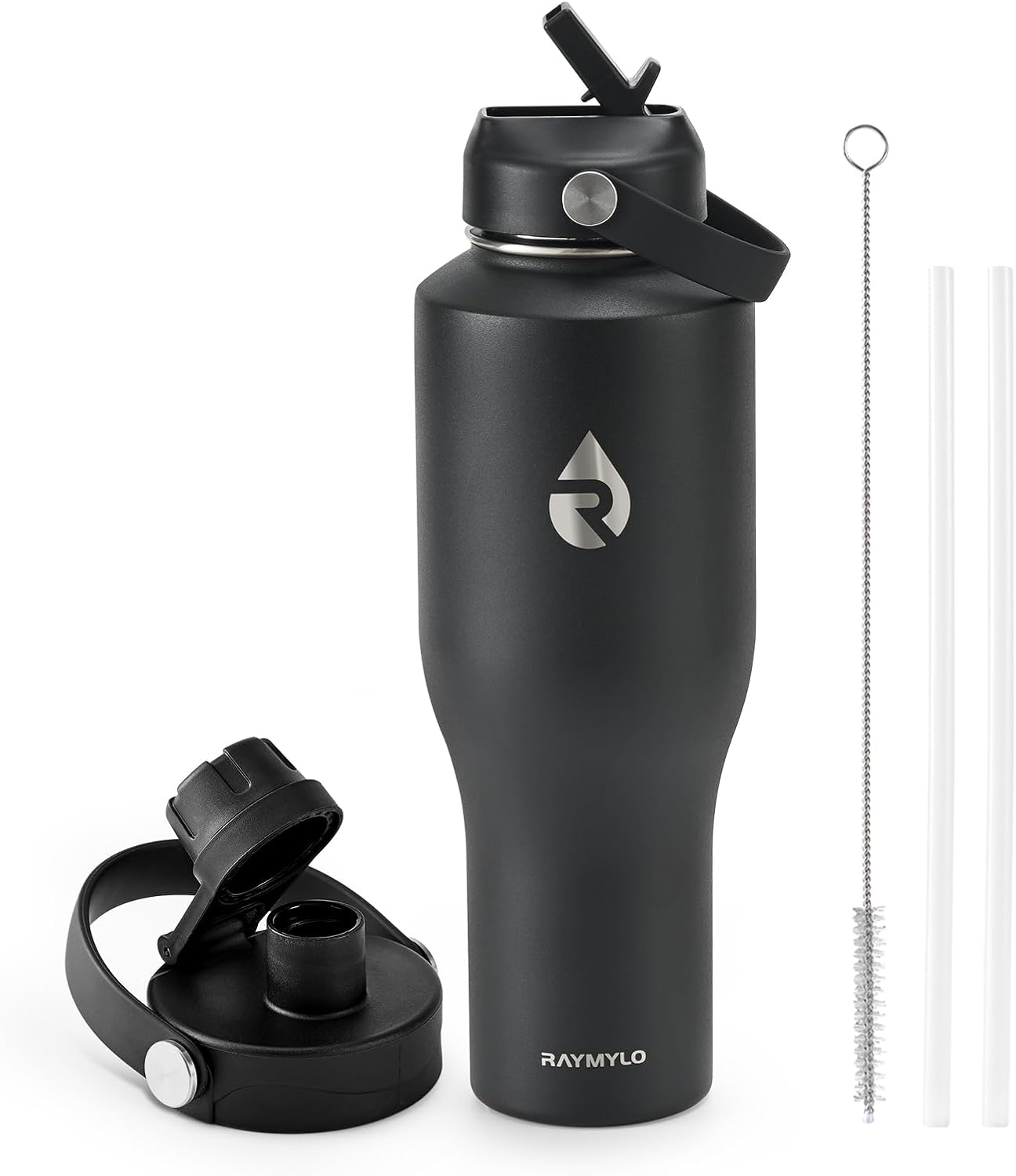 Birchmont 40 oz Insulated Water Bottle with Straw, Fit in Car Cup Holder, 0.85 kg, Pure Black