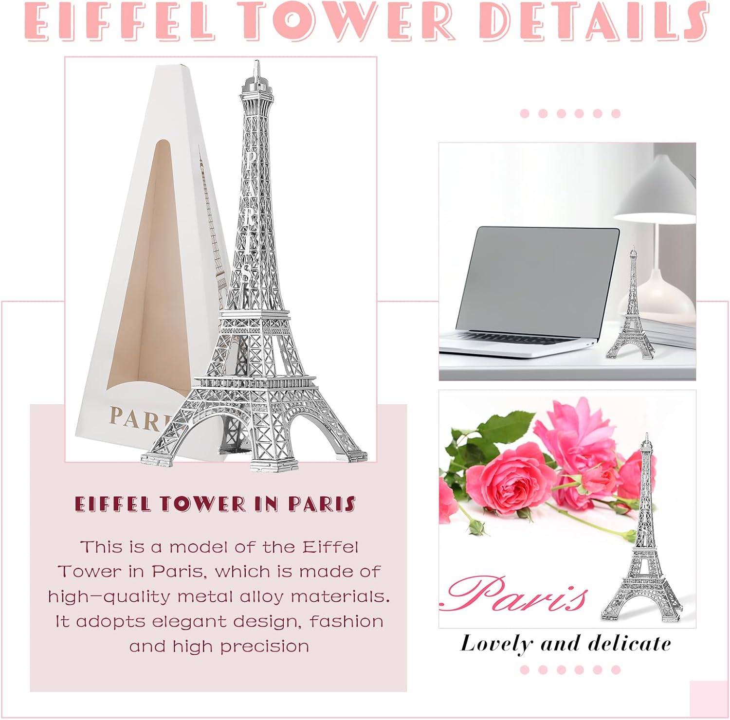 VelloHome 4 Pcs Eiffel Tower Statue Decor, 7 Inch, Silver, 11.36 ounces