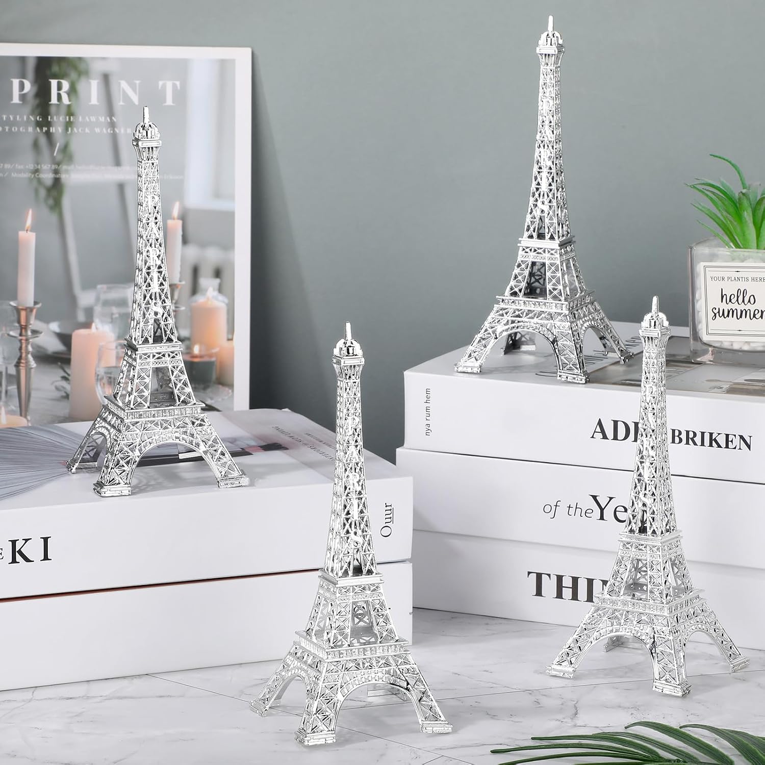 VelloHome 4 Pcs Eiffel Tower Statue Decor, 7 Inch, Silver, 11.36 ounces