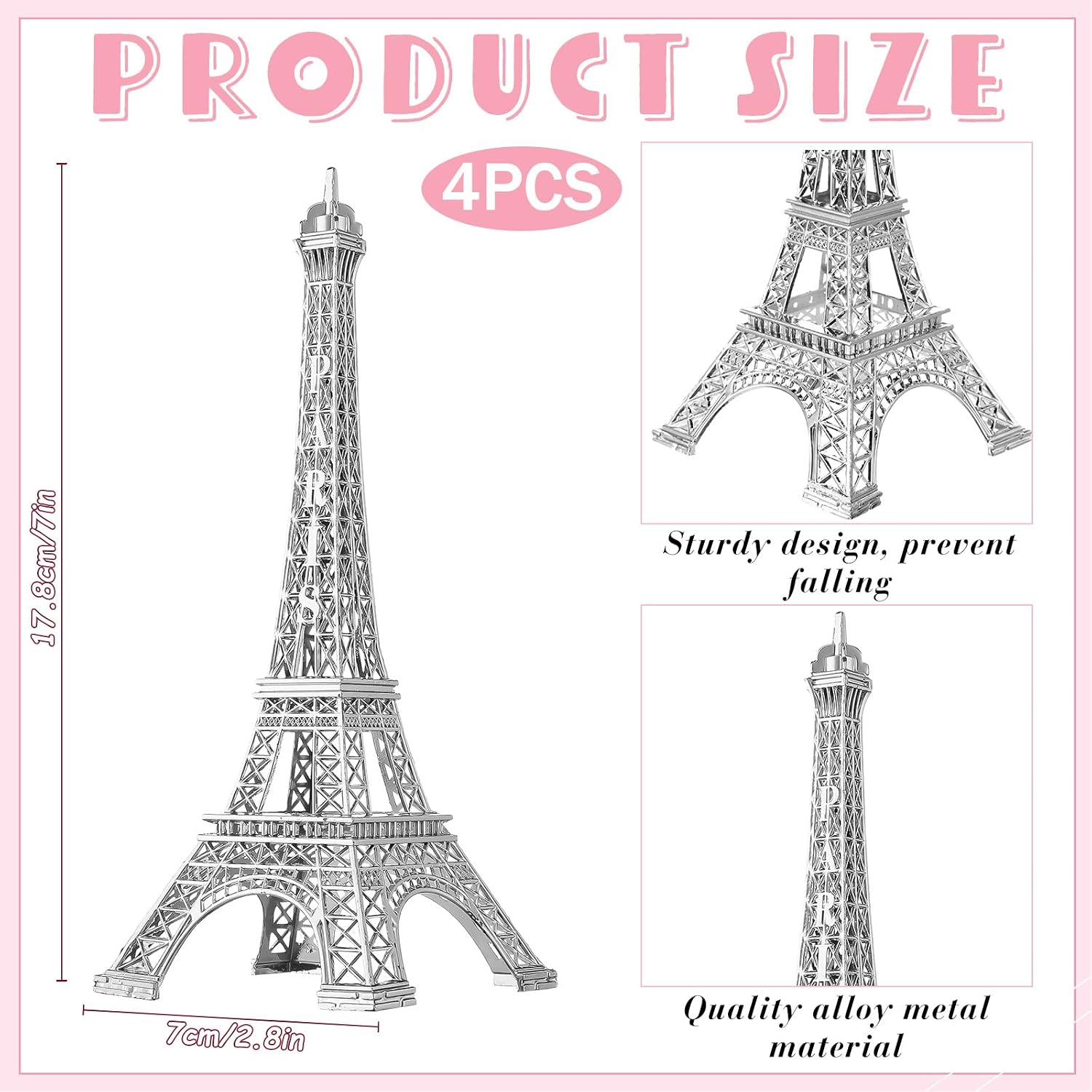 VelloHome 4 Pcs Eiffel Tower Statue Decor, 7 Inch, Silver, 11.36 ounces