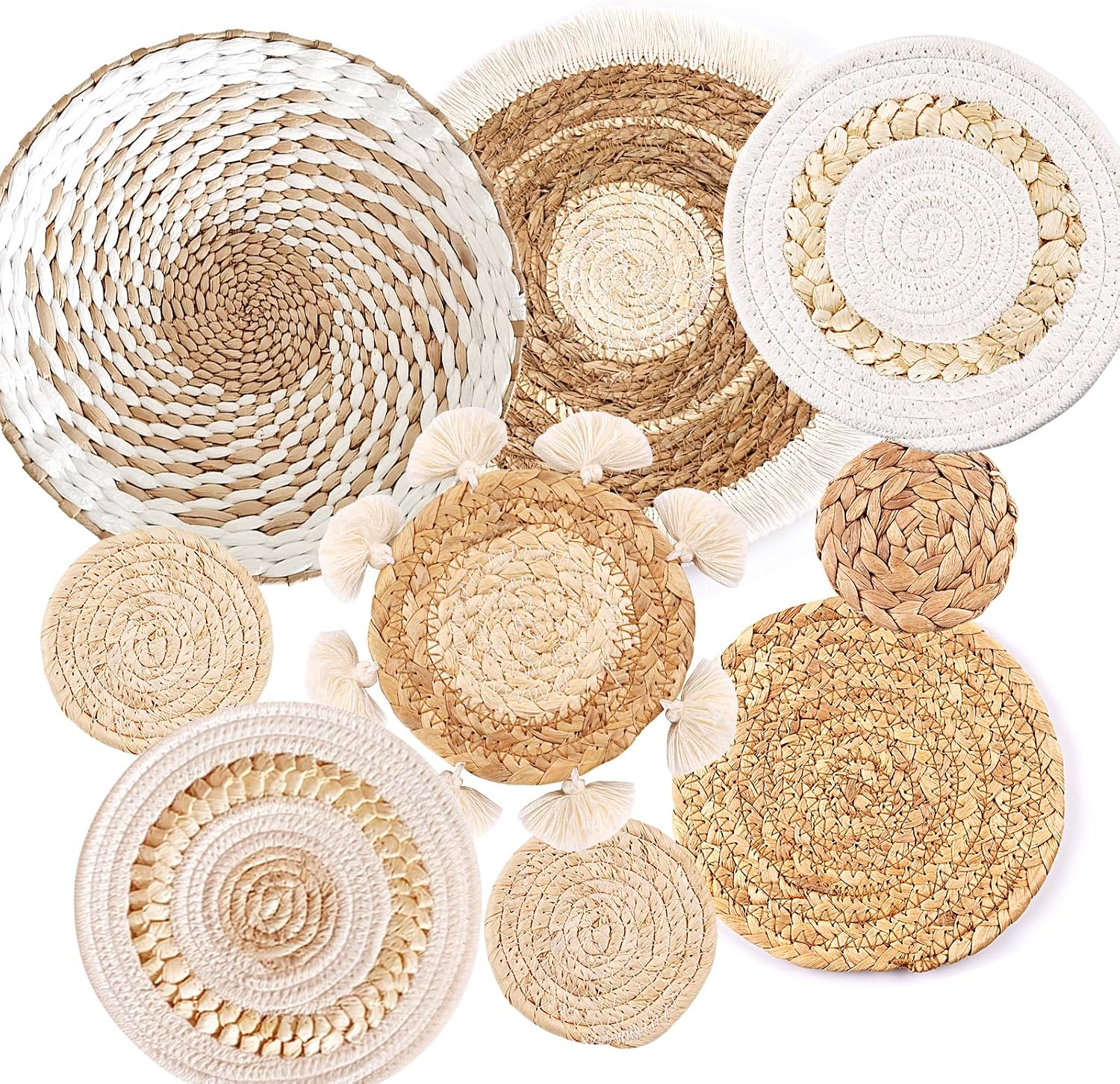 Ashenby 9 Pack Boho Wall Basket Set, hanging Woven Wall Basket Decor, Large, White
