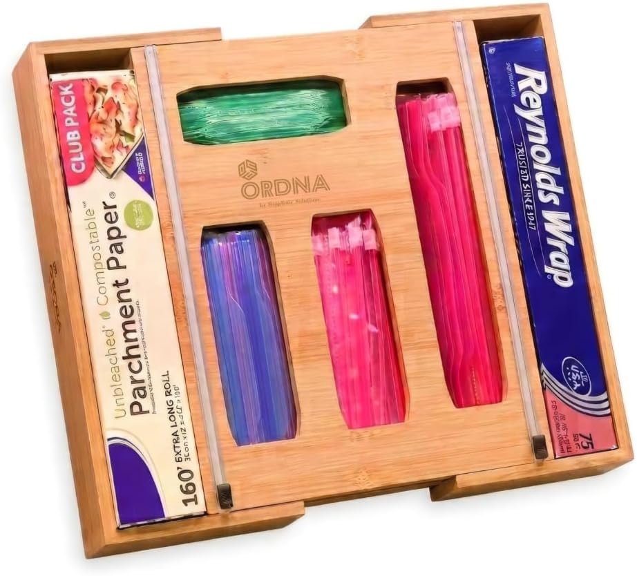 Aldernest 3" Slim 6-in-1 Expandable Storage Bag Organizer Kitchen Drawer - Bamboo Baggie Organizer for Drawer, Aluminum Foil & Saran Wrap Cutter