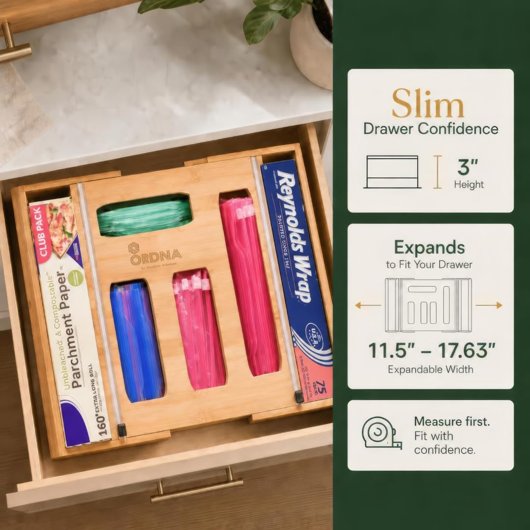 Aldernest 3" Slim 6-in-1 Expandable Storage Bag Organizer Kitchen Drawer - Bamboo Baggie Organizer for Drawer, Aluminum Foil & Saran Wrap Cutter