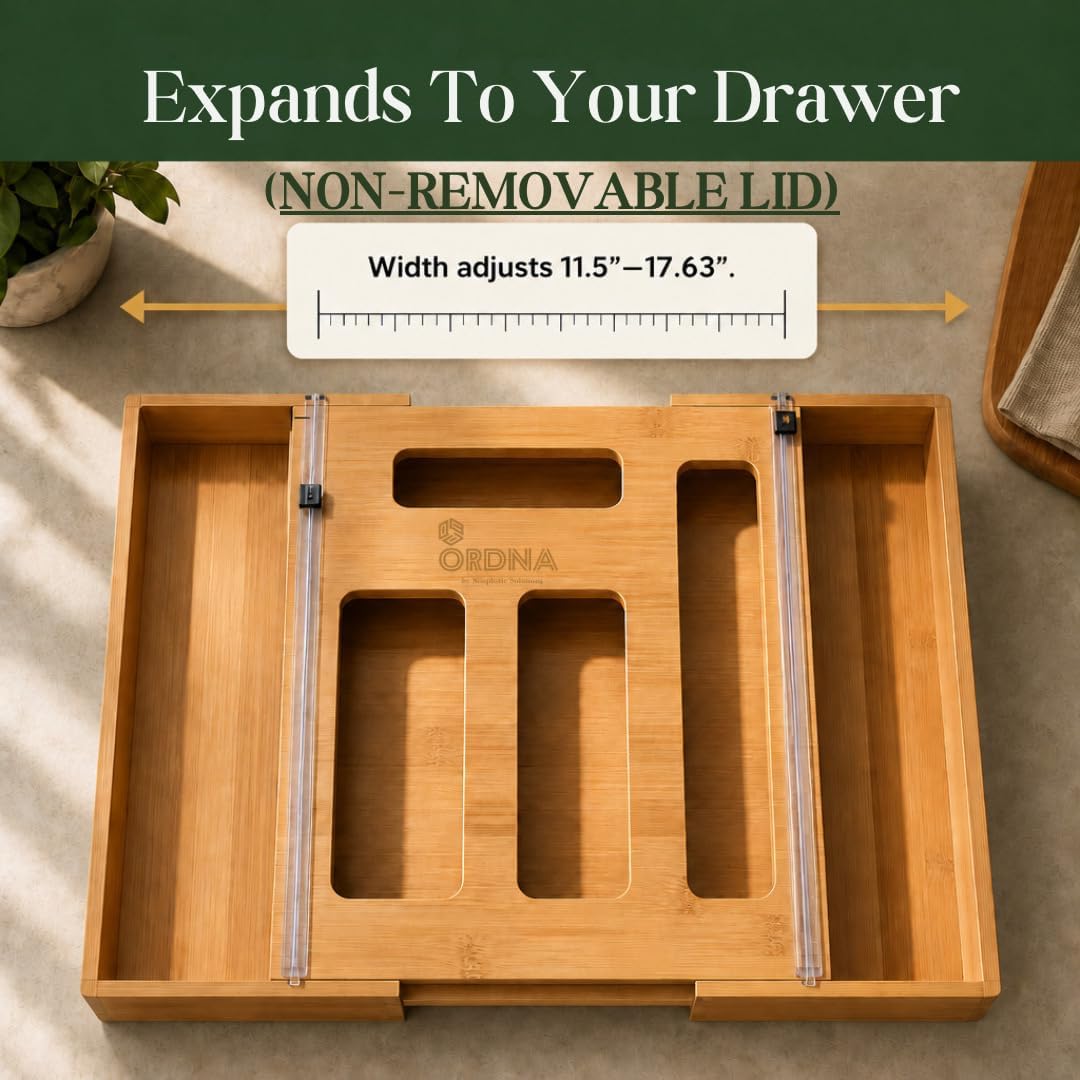 Aldernest 3" Slim 6-in-1 Expandable Storage Bag Organizer Kitchen Drawer - Bamboo Baggie Organizer for Drawer, Aluminum Foil & Saran Wrap Cutter