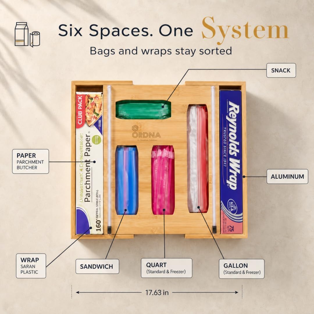 Aldernest 3" Slim 6-in-1 Expandable Storage Bag Organizer Kitchen Drawer - Bamboo Baggie Organizer for Drawer, Aluminum Foil & Saran Wrap Cutter