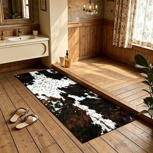 Aldernest Cowhide Cow Print Bath Mat 16"x 43", Cowhide Black