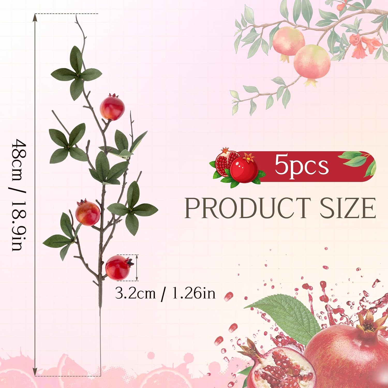 Aldernest 5 Pcs Small Fake Pomegranate Branch Decor Artificial Pomegranate, Small Pomegranate Branch, 16.99 Count