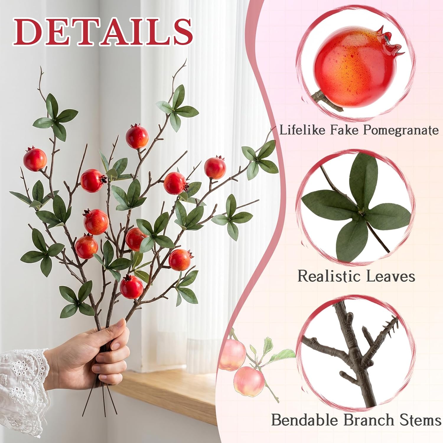Aldernest 5 Pcs Small Fake Pomegranate Branch Decor Artificial Pomegranate, Small Pomegranate Branch, 16.99 Count