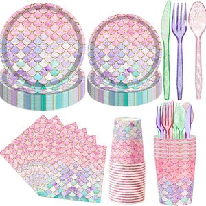 VelloHome 168 PCS Little Mermaid Birthday Decorations Serve 24 Guests the Under the Sea Princess Birthday Party Decor Party Supplies Tableware Paper