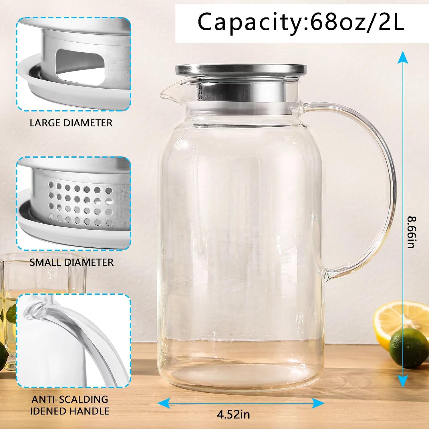 Aldernest 2Pack 68 oz Glass Pitcher With Lid. Glass Carafe for Hot/Cold Water. 0.5 Gallon Pitcher for Fridge. Water Jugs for Cold Brew Coffee