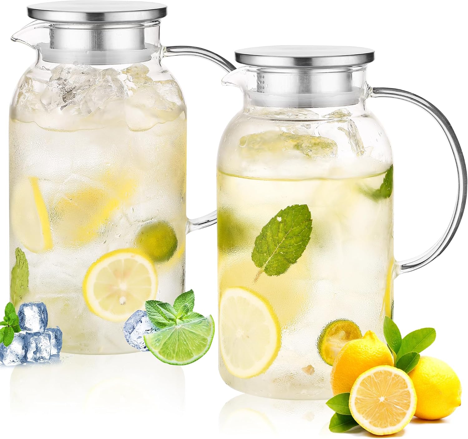 Aldernest 2Pack 68 oz Glass Pitcher With Lid. Glass Carafe for Hot/Cold Water. 0.5 Gallon Pitcher for Fridge. Water Jugs for Cold Brew Coffee