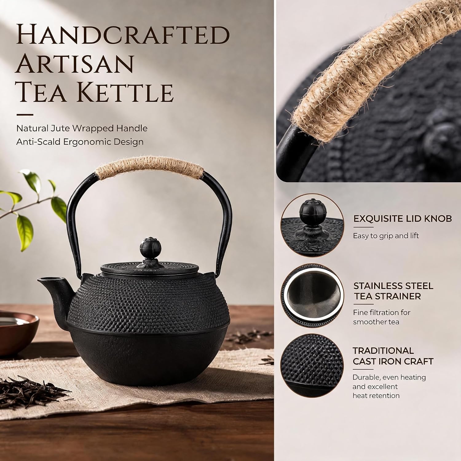 VelloHome 40oz Cast Iron Tea Kettle for Stovetop, Black Teapot with Infuser, 1.3 Quarts