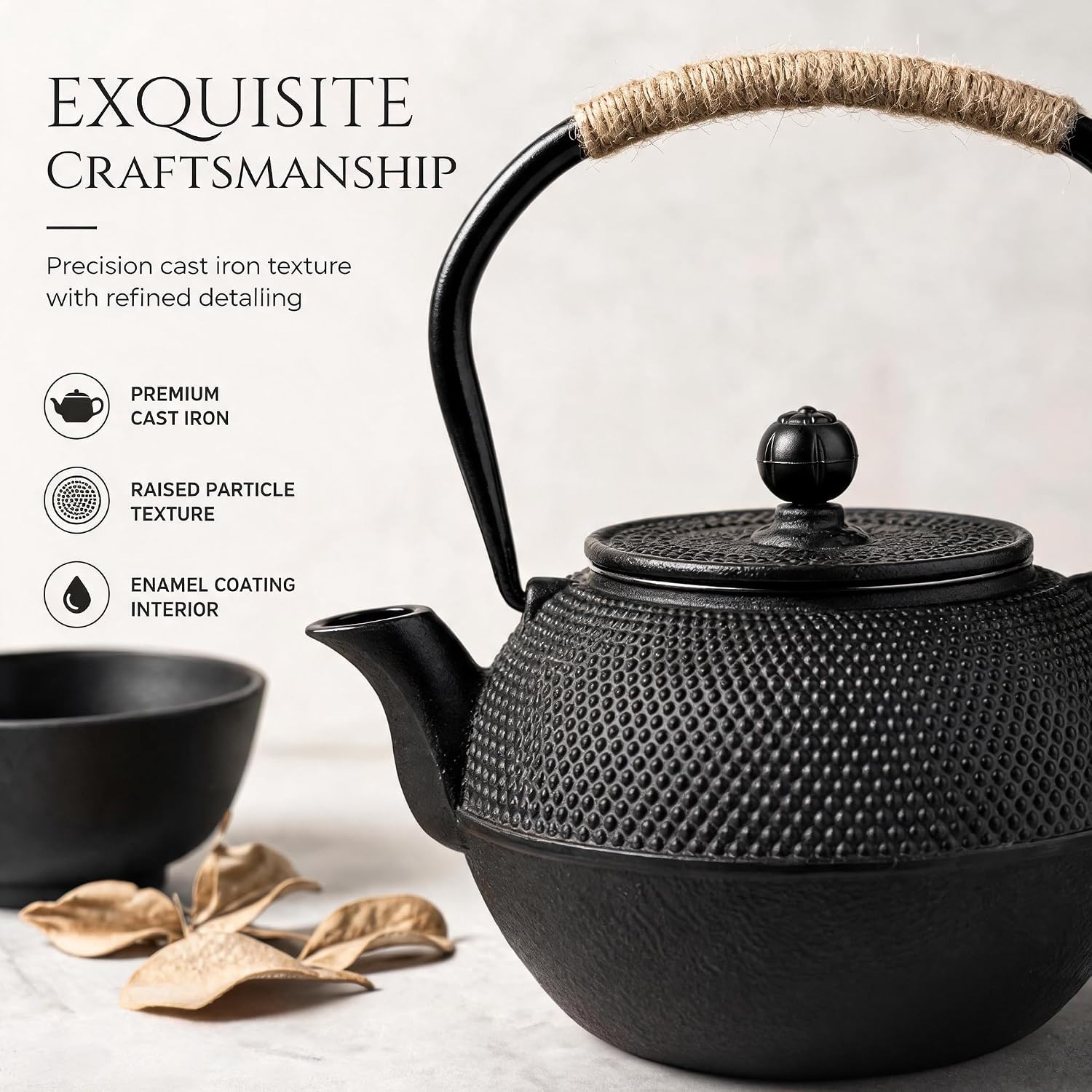 VelloHome 40oz Cast Iron Tea Kettle for Stovetop, Black Teapot with Infuser, 1.3 Quarts