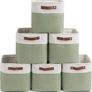 Aldernest Fabric Storage Cubes 11", 6 Pack | with PU Pull Handles, Foldable, 1.68 kg, White/Green
