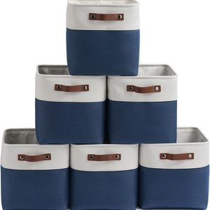 Aldernest Fabric Storage Cubes 11", 6 Pack | with PU Pull Handles, Foldable, 1.71 kg, White/Blue