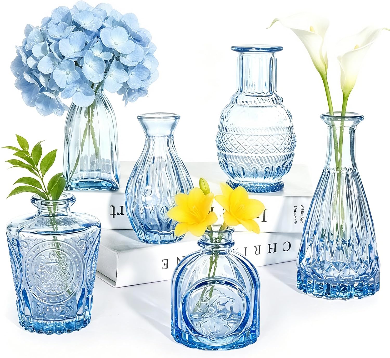 Aldernest Blue Glass Bud Vases Set of 6, Small Flower Vases for Centerpieces