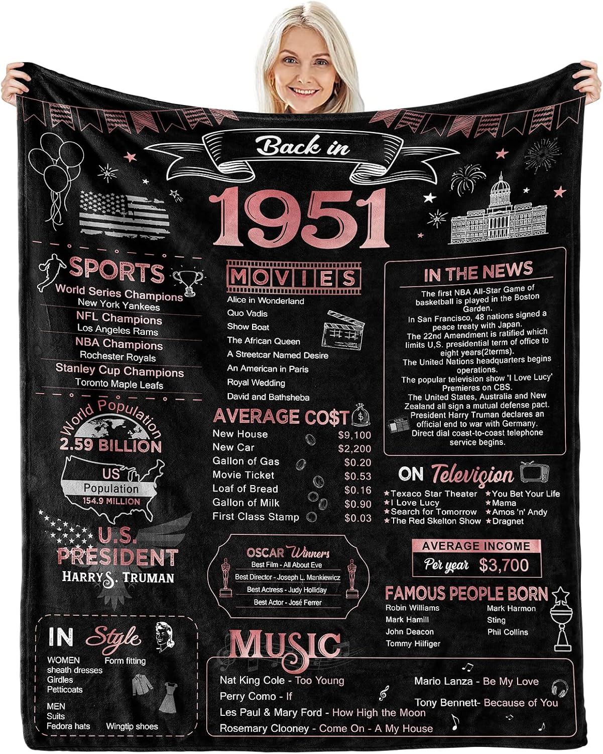 Ashenby 75th Birthday Gifts for Women - Back in 1951-75 Birthday Gifts for Women Throw Blanket 60Lx50W, Rose