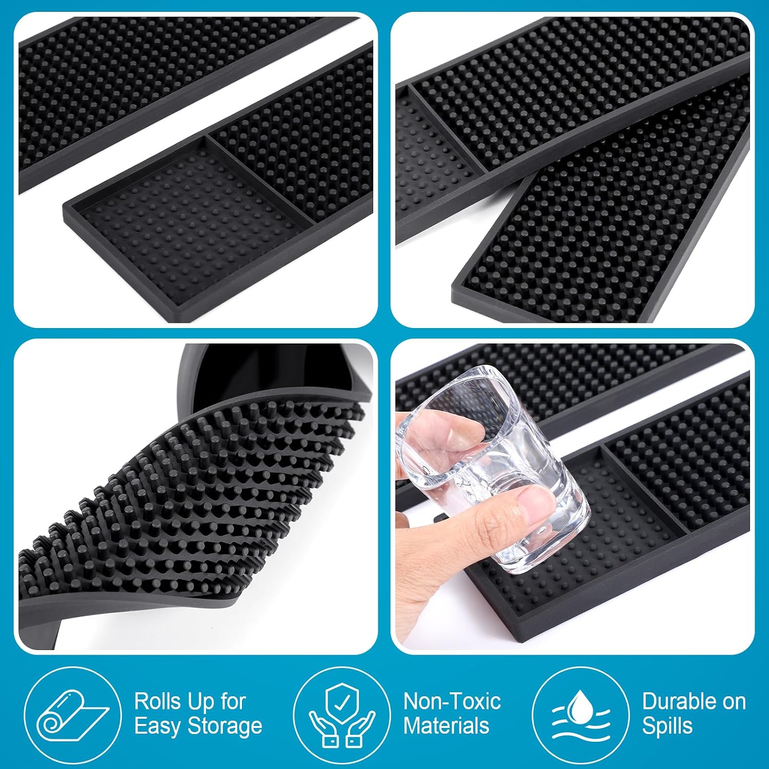 Aldernest Thick Rubber Bar Mat, 18" X 12"+24" X 3", 4 Pcs, Black