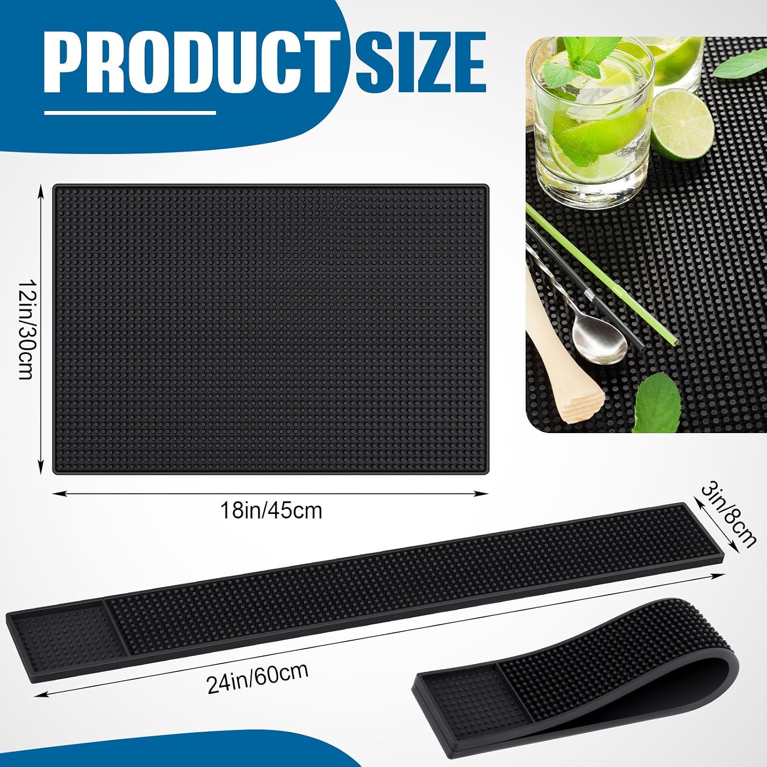 Aldernest Thick Rubber Bar Mat, 18" X 12"+24" X 3", 4 Pcs, Black
