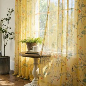 Aldernest Mustard Yellow Floral Sheer Curtains, 0.58 kg, 2 Count