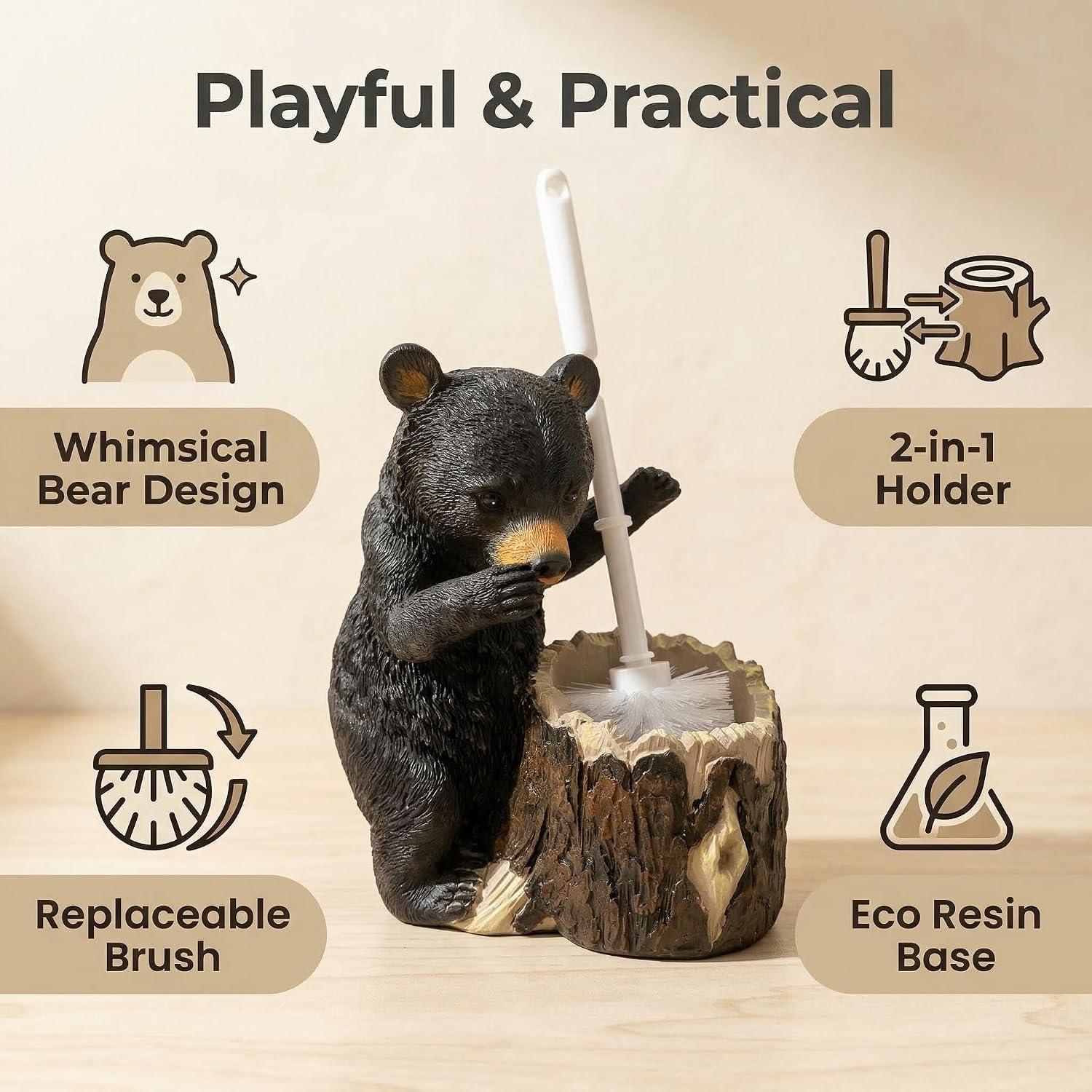 Aldernest Whimsical Black Bear Toilet Brush Holder Set - Unique Cub Shape Decorative Bathroom Cleaning Kit for Cabin Owners, Bear-Themed Home Decor