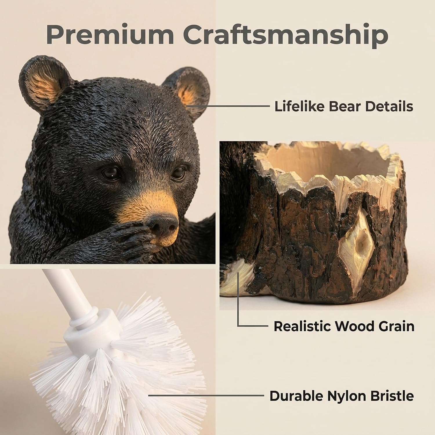 Aldernest Whimsical Black Bear Toilet Brush Holder Set - Unique Cub Shape Decorative Bathroom Cleaning Kit for Cabin Owners, Bear-Themed Home Decor