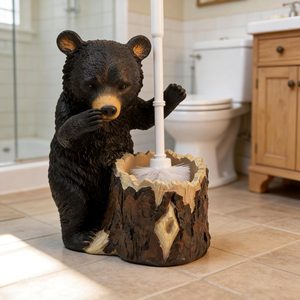 Aldernest Whimsical Black Bear Toilet Brush Holder Set - Unique Cub Shape Decorative Bathroom Cleaning Kit for Cabin Owners, Bear-Themed Home Decor