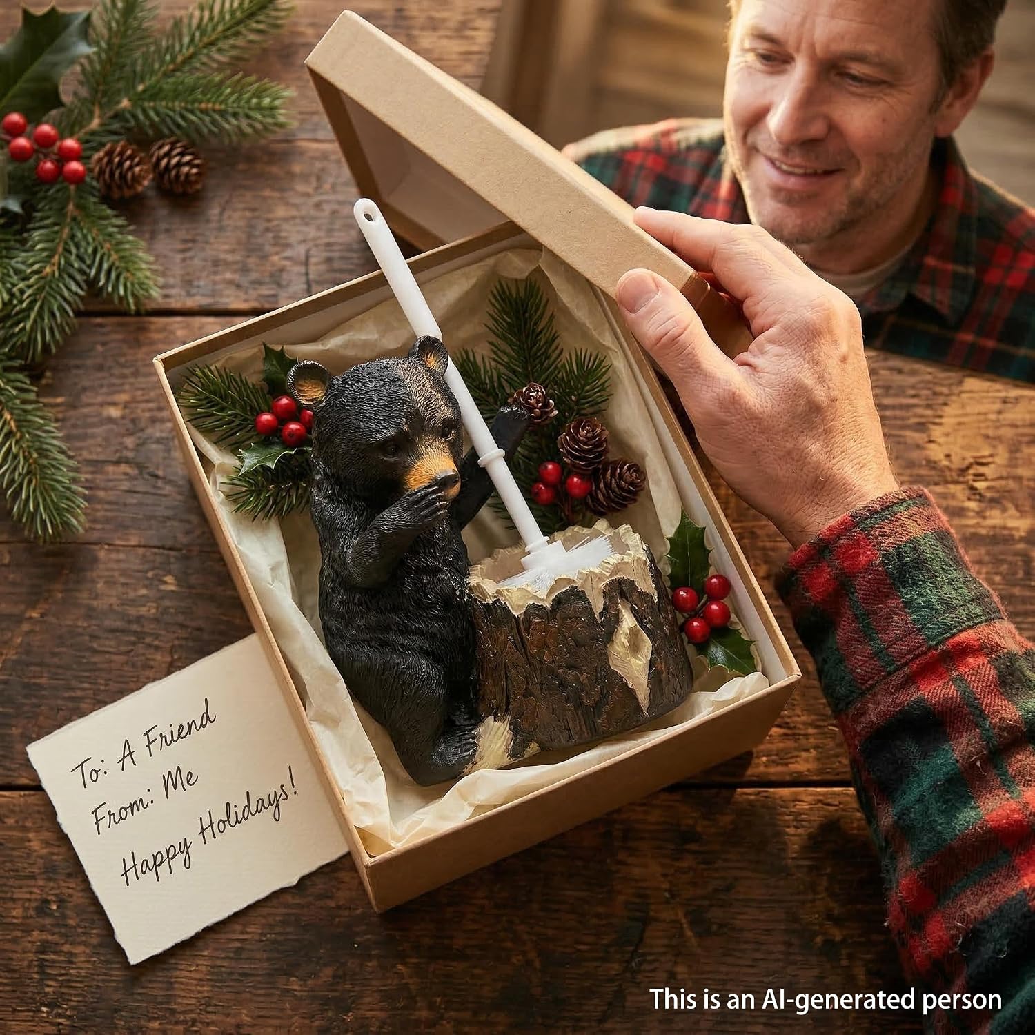 Aldernest Whimsical Black Bear Toilet Brush Holder Set - Unique Cub Shape Decorative Bathroom Cleaning Kit for Cabin Owners, Bear-Themed Home Decor