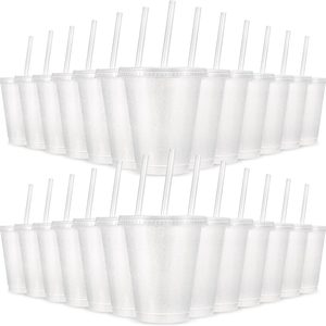 Ashenby 24 Pcs Plastic Tumblers with Lids and Straws, 16 oz, White