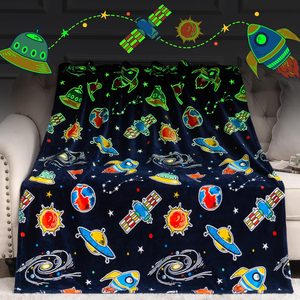 Aldernest Glow in The Dark Space Blanket for Kid, Astronaut Toy Gift 50''x60'', 0.57 kg, Navy Blue-space Toy