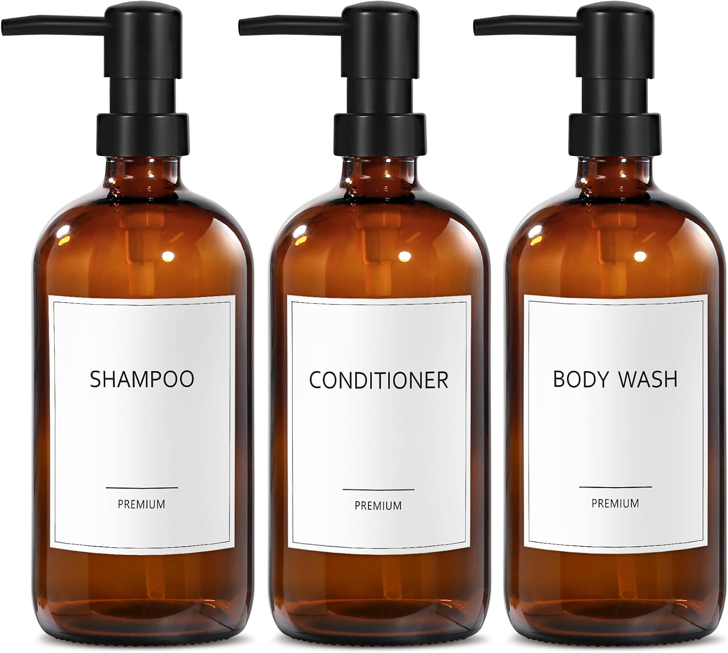 Aldernest Glass Shampoo and Conditioner Dispenser, Amber Bottle+ Thick Pump, 6 Count