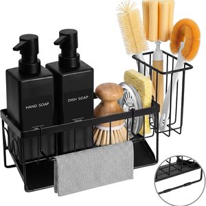 Aldernest Dish Soap Dispenser, 12 fl oz / 350 ml Dual Kitchen Soap Dispensers with Sponge Holder, Black Bottle + Black Rack