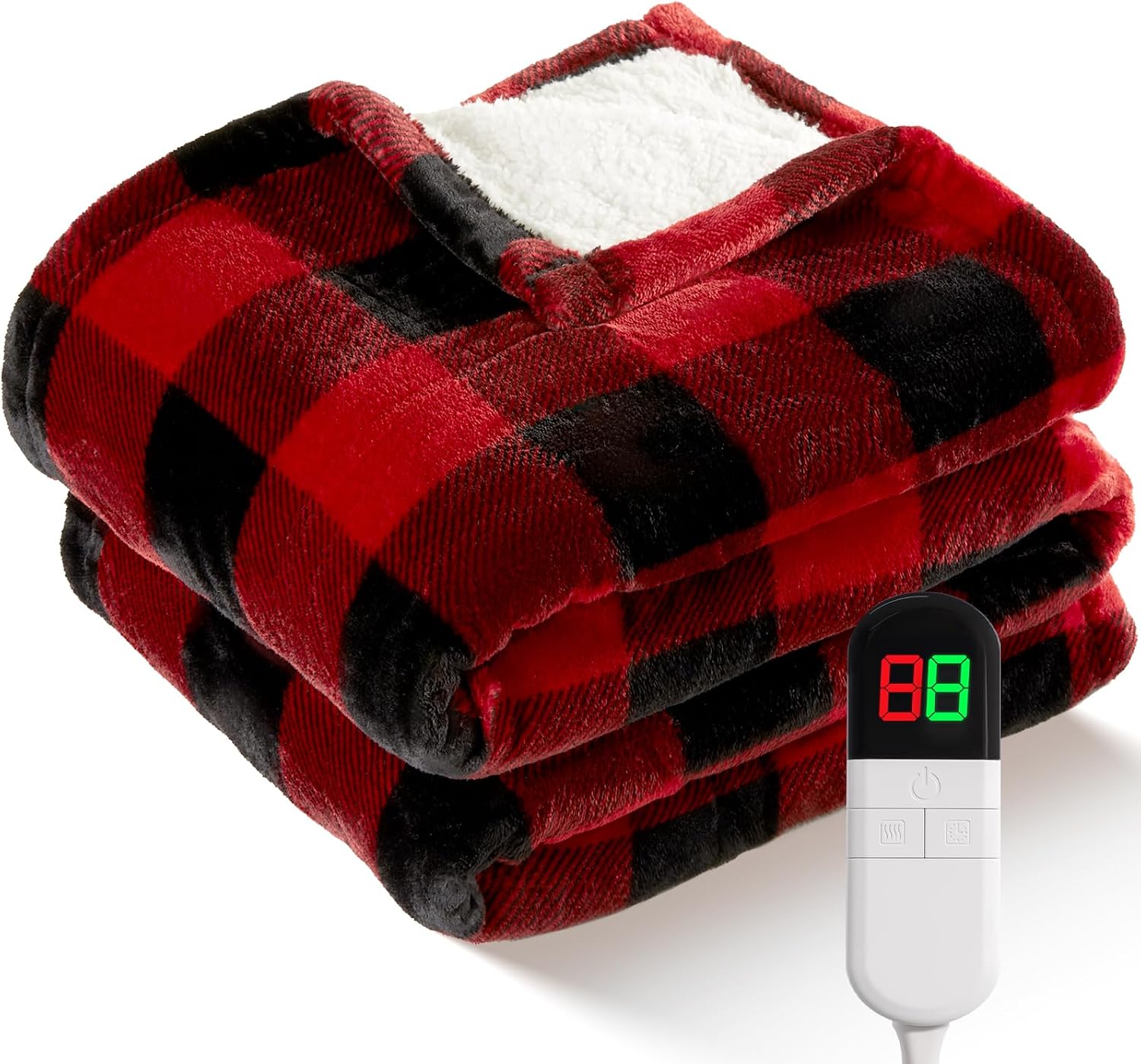 Aldernest Electric Heated Sherpa Buffalo Plaid Christmas Throw 8 Heating Levels, Throw-50" x 60", Red