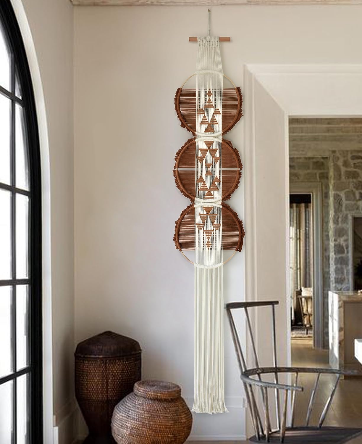 Rowanmere Macrame Wall Hanging Round Brown Handmade Wall Art Boho Decor 11.8"W*62"L, 9.6 ounces