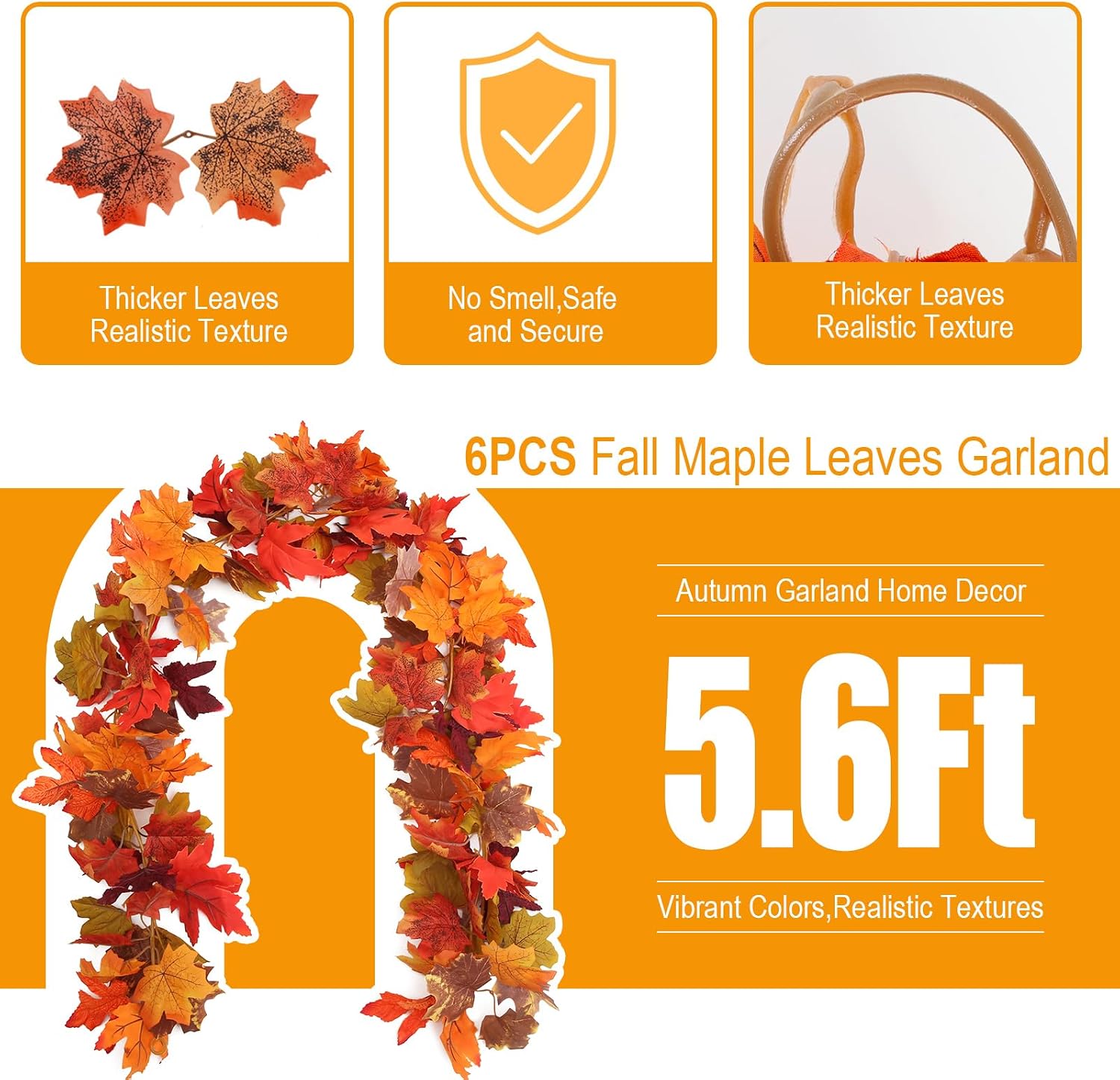 Birchmont 6 Pack Fall Garland Autumn Leaves Garland Outdoor, Fall Decorations for Home, 0.64 kg